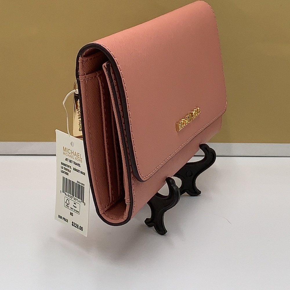 MICHAEL KORS JET SET TRAVEL LARGE TRIFOLD WALLET SUNSET ROSE COLOR - Picture 11 of 14